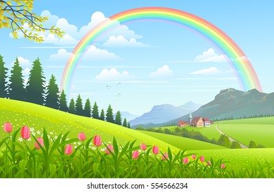 Rainbow over a lovely village