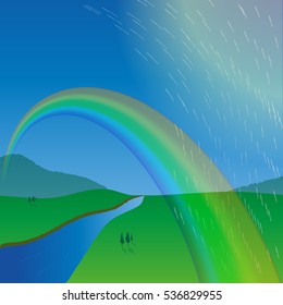 rainbow over the meadow. the rain passes by. the river flows to the horizon. hills. the view from the height. vector illustration.