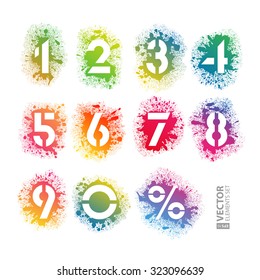 Rainbow paint splatter stencil numbers alphabet on white background. RGB EPS 10 vector illustration