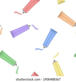 Rainbow paint tubes palette. Artistic seamless pattern with tubes and smears. Multicolored oil paints in tubes. Tempera splash. Purple, blue, green, yellow, orange and red colors. Wrapping paper