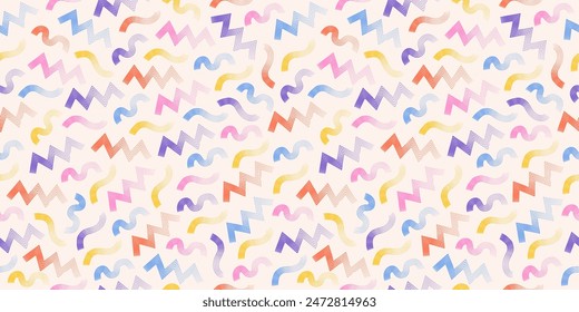 Rainbow paintbrush strokes. Hand-drawn curved and wavy lines. Vector grunge seamless pattern. Chaotic pastel brush scribbles. Modern paint background in fun summer color. Brush strokes, and squiggles.