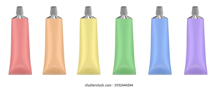 Rainbow palette of acrylic paint in metal tubes. Liquid watercolor. Oil paint or gouache. Tempera paint. Purple, blue, green, yellow, orange and red colors.