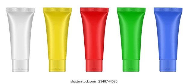 Rainbow palette of acrylic paint in plastic tubes. Liquid watercolor. Oil paint or gouache. Tempera. White, blue, green, yellow and red colors. Hand cream, mask or lotion. Professional shampoo.
