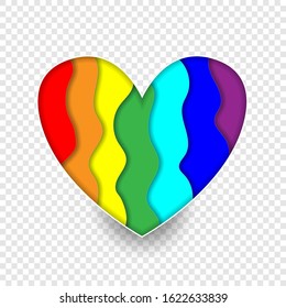 Rainbow paper cut heart colors LGBT or GLBT pride flag isolated on transparent background, symbol of lesbian gay bisexual transgender and queer questioning LGBTQ. 3d Vector Illustration icon, clip art