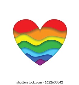 Rainbow paper cut heart colors LGBT or GLBT pride flag isolated on white background, symbol of lesbian gay bisexual transgender and queer questioning LGBTQ. 3d Vector Illustration icon, clip art