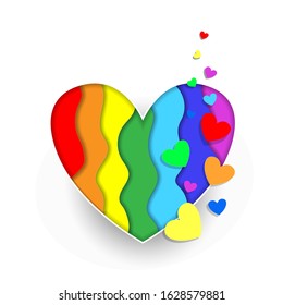 Rainbow paper cut heart colors LGBT or GLBT pride flag isolated on white background, symbol of lesbian gay bisexual transgender and queer questioning LGBTQ. 3d Vector Illustration icon, clip art