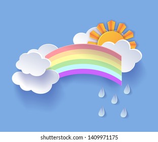 Rainbow paper cut vector illustration with clouds, waterdrops and sun.
