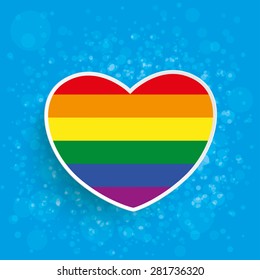 Rainbow paper heart with bubbles on the blue background. Eps 10 vector file.