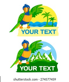 Rainbow Parrot Against The Background Sea, ??Palm Trees And Mountains, Grip The Text Space. Vector Illustration. Rainbow Parrot For Sale. Rainbow Parrot Location. Rainbow Parrot Mascot. Macaw Parrot.
