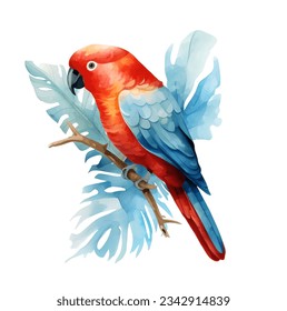 Rainbow parrot, on a twig, a beautiful wavy parrot in rainbow colors, isolated on a white background. Watercolor parrot with jungle flower. Macaws