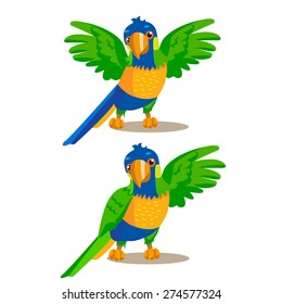 Rainbow Parrot Pointing Or Showing Something With His Wing. Set Cartoon Vector Illustration Rainbow Parrot. Rainbow Parrot Mascot.