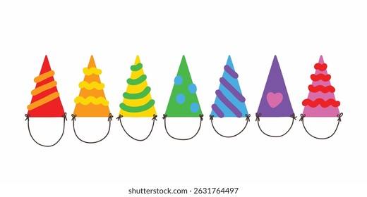 Rainbow party hats collection for birthday celebration. Happy birthday hat with all unique design patterns. Red, orange, yellow, green, blue, purple, pink. Vector illustration, EPS 10.