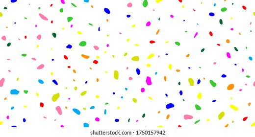 Rainbow party polka. Explosion seamless background of bright confetti. Geometric ink color dot. Abstract random art for celebratory design,  wedding theme, banner, gift packaging, poster. Vector