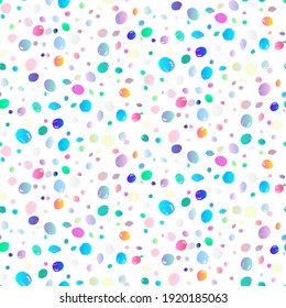Rainbow party polka. Explosion seamless background of bright confetti. Geometric ink color dot. Abstract random art for celebratory design, wedding theme, banner, gift packaging, poster. Vector