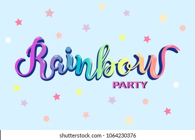 Rainbow Party text as logotype, badge, patch and icon isolated on blue background. Rainbow hand drawn lettering. Template for party, happy birthday card, invitation, flyers, baby birth.