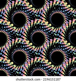 Patrón de medio tono abstracto del arcoiris pastel sobre el fondo negro. Ilustración vectorial.
