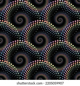 Patrón de medio tono abstracto del arcoiris pastel sobre el fondo negro. Ilustración vectorial.