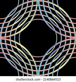 Las líneas abstractas arcoiris pastel giran en torno a un patrón sin fisuras en el fondo negro. Ilustración vectorial.