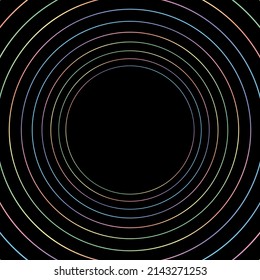Rainbow pastel abstract lines circles halftone frame on the black background. Vector illustration.
