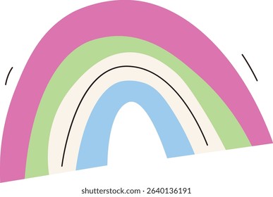 A rainbow with pastel arches and simple lines in a playful style. Curved bands create a cheerful arc with minimalistic elements. Cartoon vector illustration.