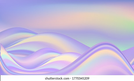 Rainbow pastel background with holographic colorful flowing waves and gradient effect. Pastel colot palette, magic fairy tale stylization. Abstract vector illustration