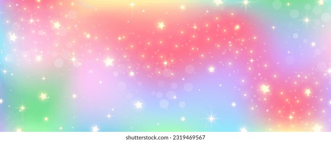 Rainbow pastel background with stars. Unicorn glitter galaxy. Abstract fantasy space. Holographic iridescent design with sparkles. Vector cosmic bg