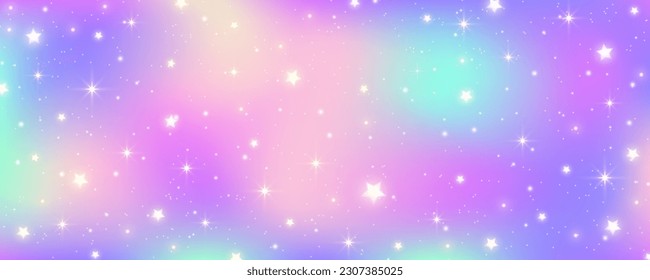 Rainbow pastel background. Unicorn sky with glittering sky. Candy galaxy with watercolor light texture. Girly cute magic wallpaper. Holographic vector abstract illustration