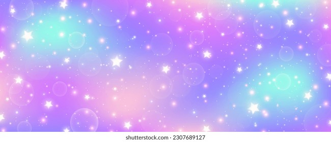 Rainbow pastel background. Unicorn sky with glittering sky. Candy galaxy with watercolor light texture. Girly cute magic wallpaper. Holographic vector abstract illustration