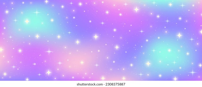Rainbow pastel background. Unicorn sky with glittering sky. Candy galaxy with watercolor light texture. Girly cute magic wallpaper. Holographic vector abstract illustration
