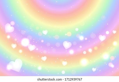 Rainbow Pastel bokeh love background. Heart Soft blur white light wallpaper. Abstract background bokeh blurred. Shiny lovely bokeh light effect. Vector illustration.