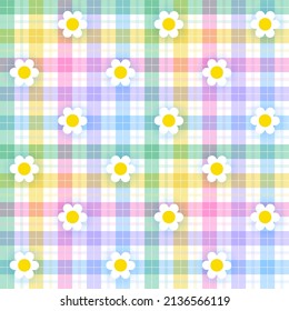 Rainbow Pastel Daisy Flower Scott Plaid Tartan Checkered Gingham Pattern Illustration Tablecloth, Picnic mat wrap paper, Mat, Fabric, Textile, Scarf