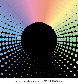 Rainbow pastel dot circle frame halftone on the black background. Vector illustration.