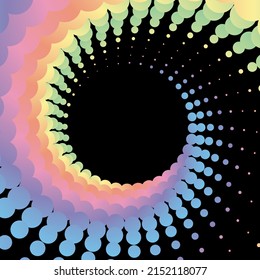 Rainbow pastel dot circle frame halftone on the black background. Vector illustration.