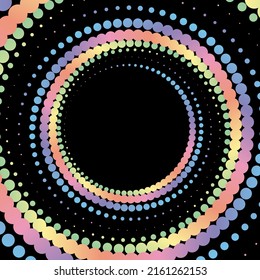 Rainbow-Pastellpunkt-Punktrahmen auf schwarzem Hintergrund. Vektorgrafik.