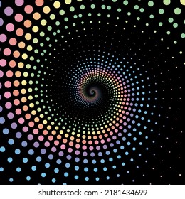 Rainbow pastel dot circle halftone on the black background. Vector illustration.	