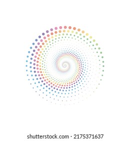 El logotipo del círculo de los puntos pastel del arcoiris es medio tono sobre el fondo blanco. Ilustración vectorial.