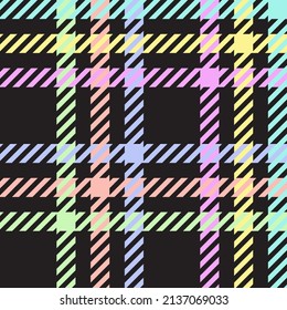 Rainbow pastel grid plaid with black ground. Seamless vector check pattern suitable for fashion, home decor and stationary.