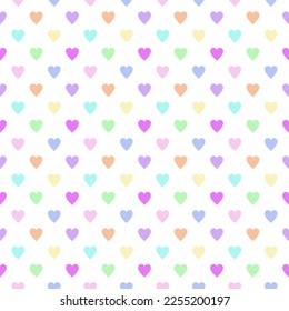 Rainbow pastel hearts all over pattern. Seamless vector cute design suitable for home decor, stationary and fashion.