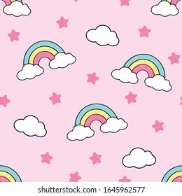 Rainbow pastel seamless pattern with pink background. Kids cute happy cartoon with rainbow, clouds, and stars for baby. Vector illustration. Vector illustration