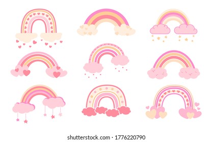 Estilo de caricatura plano arcoiris pastel. Arcos de lluvia con nubes abstractas colección dibujada a mano. Elementos climáticos naturales para los niños. Para afiches, impresiones, tarjetas, tejidos o libros. Ilustración vectorial aislada