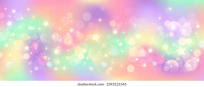 Fondo del cielo pastel arcoiris. Galaxia mágica de unicornio rosa con brillo. Papel de pared holográfico lindo kawaii con bokeh. Resumen de mármol fondo con brillo. Ilustración vectorial.