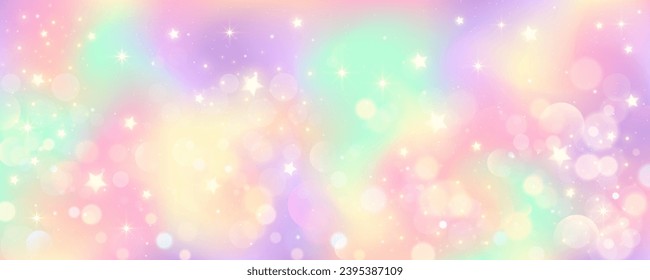 Fondo del cielo pastel arcoiris. Galaxia mágica de unicornio rosa con brillo. Papel de pared holográfico lindo kawaii con bokeh. Resumen de mármol fondo con brillo. Ilustración vectorial.