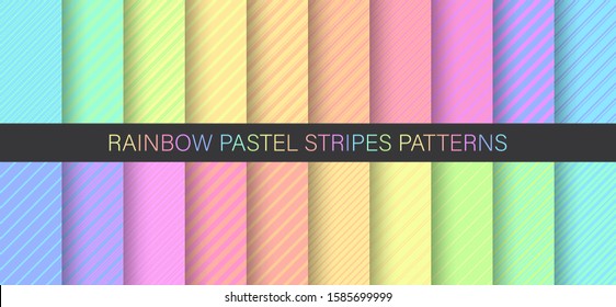 Patrones de rayas pastel arcoiris. Conjunto de patrones vectoriales sin fisuras con ornamento de línea diagonal. Fondo de colores pastel. Patrones para las celebraciones del arco iris, invitación de cumpleaños. Color pastel claro