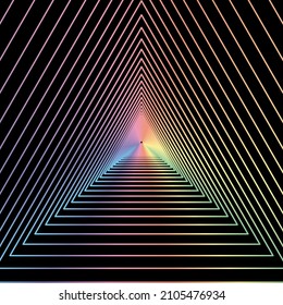 Triángulo pastel arcoiris Túnel sobre fondo negro. Ilustración vectorial.