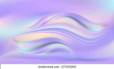 Rainbow pastel wavy background. Holographic color flowing waves, purple, blue and pale pink, gradient effect. Abstract vector illustration