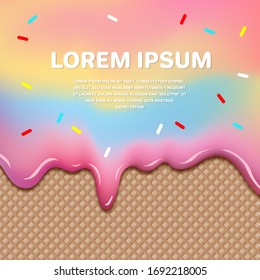 Rainbow Pastle ice cream melted on chocolate cone background Vector