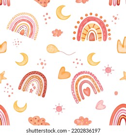 Rainbow Pattern background in boho style.Watercolor illustration. Seamless pattern with cloud, rainbow, stars, moon in the sky.