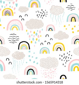 Rainbow pattern. Childish vector seamless pattern with sky, clouds, rain, stars. Cute hand-drawn illustration in scandinavian style. pastel colors ideal for baby clothes, textiles.