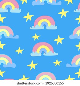 Rainbow pattern with clouds and stars. Vector seamless pattern for children, fabrics, clothes, wallpaper, nursery. Hand drawing