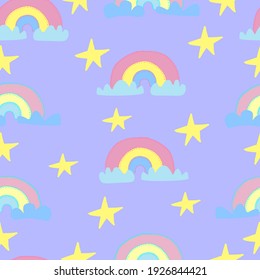 Rainbow pattern with clouds and stars. Vector seamless pattern for children, fabrics, clothes, wallpaper, nursery. Hand drawing
